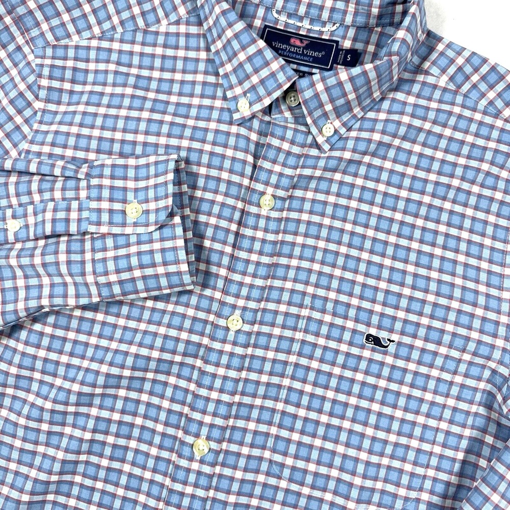 Vineyard Vine Performance Slim Fit Tucker Shirt Men Small Blue Plaid Button Down